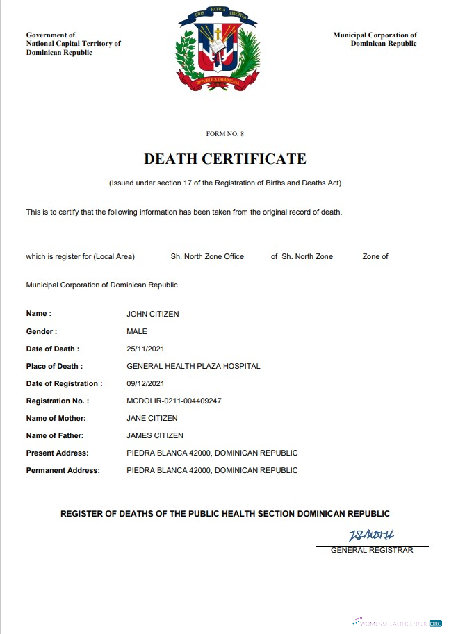 Download Dominican Republic death certificate Word and PDF template Photoshop template